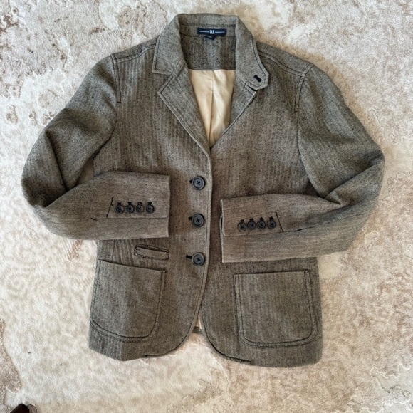 Vintage GAP WoolBlend blazer Brown herringbone preppy Small - Picture 1 of 12